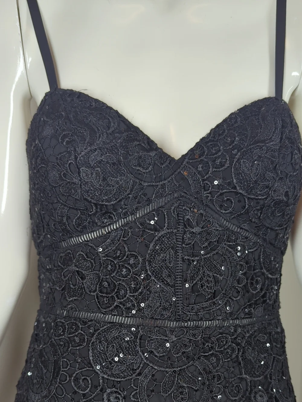 bebe Black Lace Sequin Spaghetti Strap Bodycon Dress Small - Picture 3 of 10